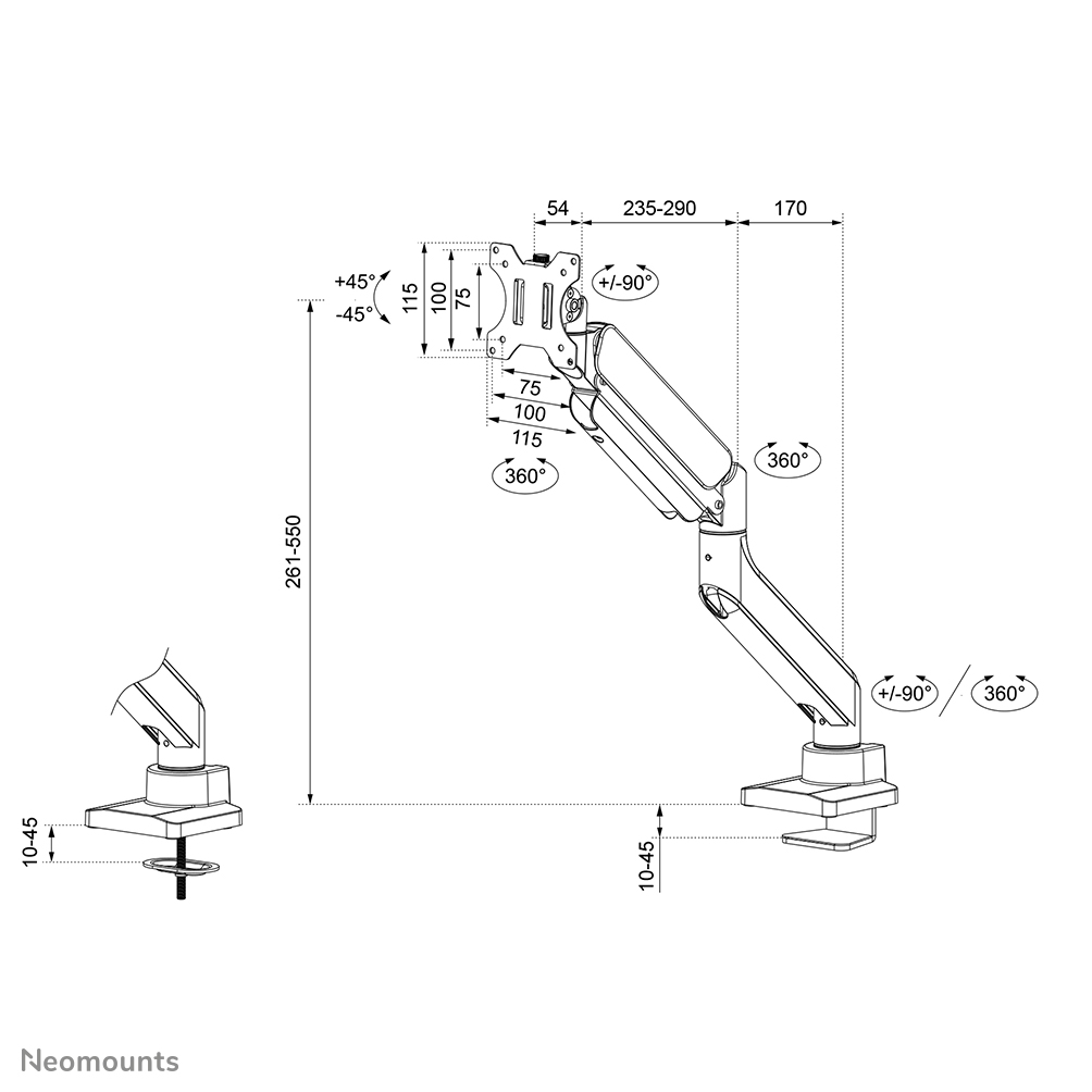Neomounts DS70PLUS-450WH1 Brazo de monitor 17-49" - resorte de gas - Topfix - Tope-a-180°